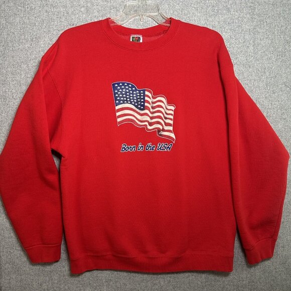 Vintage XL Sweatshirt Red Long Sleeve Born in the USA Fruit of the Loom Heavy - Picture 1 of 11